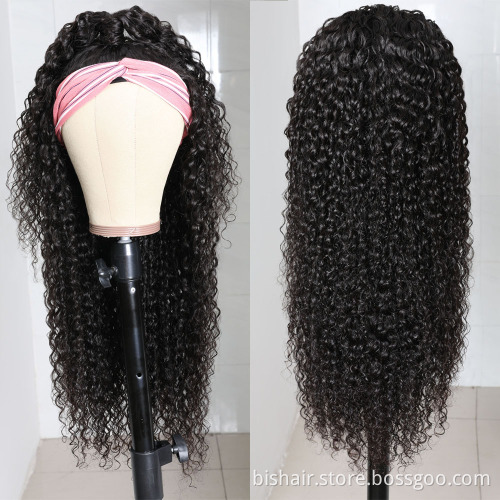 Wholesale Headband Brazilian Hair Half Curly Wig 150 Density Natural Black Deep Wave Machine Made Headband Wig For Black Women